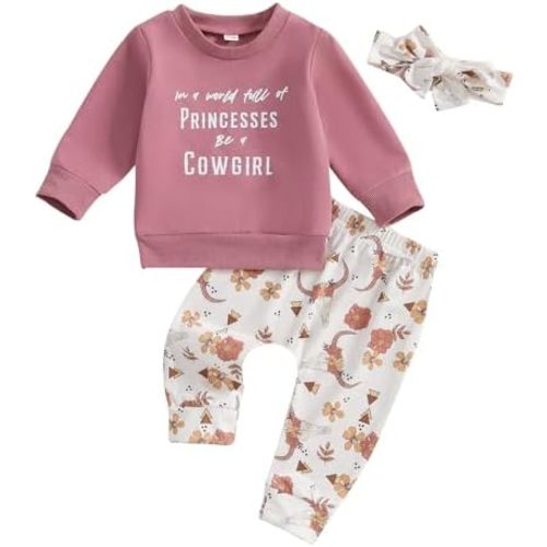 Meiweileya Infant Toddler Baby Girl Western Clothes Long Sleeve Cowgirl Sweatshirt Cow Horse Floral Pants Fall Winter Outfits