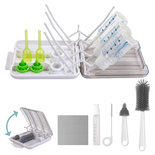 Baby Bottle Brush, 7 in 1 Travel Bottle Cleaner Kit with Soap Dispenser, Bottle Drying Rack, Dishcloths, Portable Essentials for Home and Travel-White