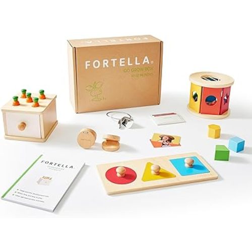 Montessori Baby Toy Kit for Newborn Babies 10-12 Months, Infant Educational Play Set, Wooden Learning Sensory Developmental Toddler Toys for 1Year Old Kids with Drawer, Rolling Drum, Shape Puzzle etc