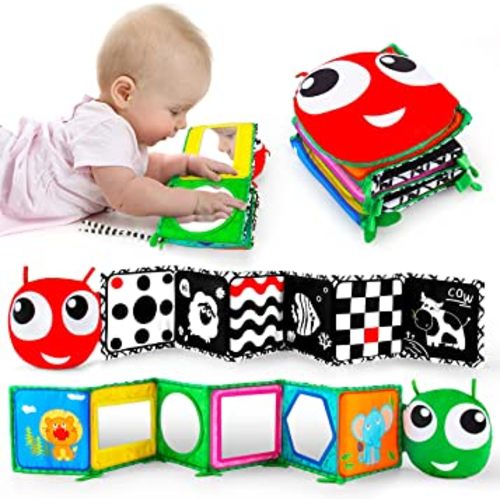 Black and White High Contrast Sensory Baby Crib Toys Soft Book, Standable Tummy Time Mirror Toy for Baby Newborn 0 3 6+ Months Brain Development Infant Boy Girl 0 6 Month Multi-Function