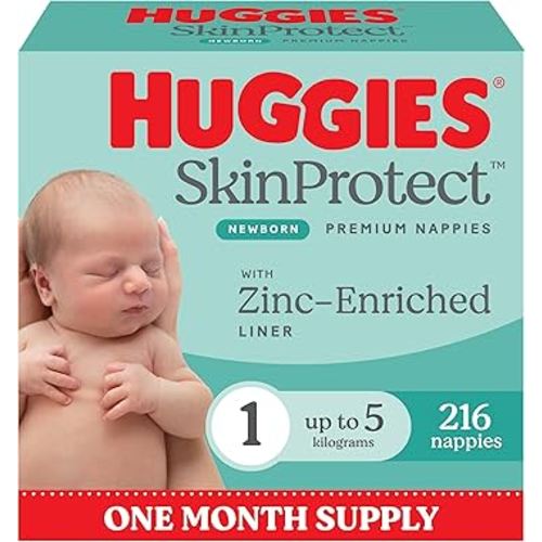 Huggies Newborn Nappies Size 1 (up to 5kg) 216 Count - One Month Supply (Packaging May Vary)