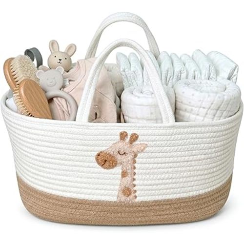 Giraffe Diaper Caddy Organizer for Baby Cotton Rope Nursery Storage Basket 17"x10.5"x7" with Removable Dividers Portable Changing Table Organizer, Car Caddy, Baby Shower Basket