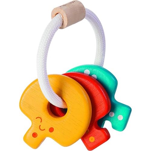 PlanToys Wooden Baby Key Rattle and Teether Early Learning Baby Toy (5217) | Rainbow Color Collection | Sustainably Made from Rubberwood and Non-Toxic Paints and Dyes | Eco-Friendly PlanWood.