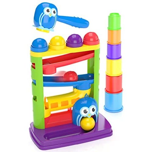 Pound a Ball Toy For Toddlers + FREE 6 Stacking Cups, Hammer and Ball Toys for 1 Year Old Boy & Girl STEM Developmental Fun Learning toy, Montessori Fine Motor, Best Toddler Gift, Birthday, Ages 1 2 3