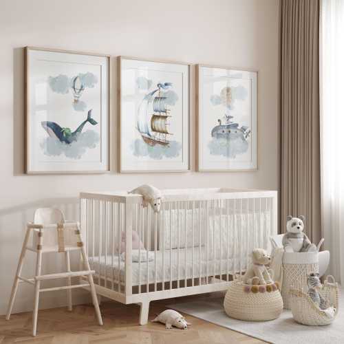 nautical nursery prints | nautical sky nursery decor | Boy Nursery Prints | unframed set of three nursery prints | whale wall art | Maritime