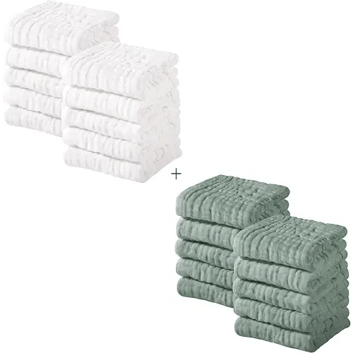 Yoofoss Muslin Baby Washcloths 100% Cotton Face Towels 20 Pack Wash Cloths for Baby 12x12in Soft and Absorbent Baby Wipes (White & Dark Green)
