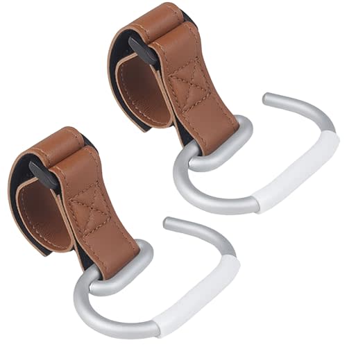 Mt.Jun Stroller Hook – Aluminum Hook with Velcro Strap, Lightweight, Durable, Customizable Placement for All Occasions (Brown, 2-Pack)