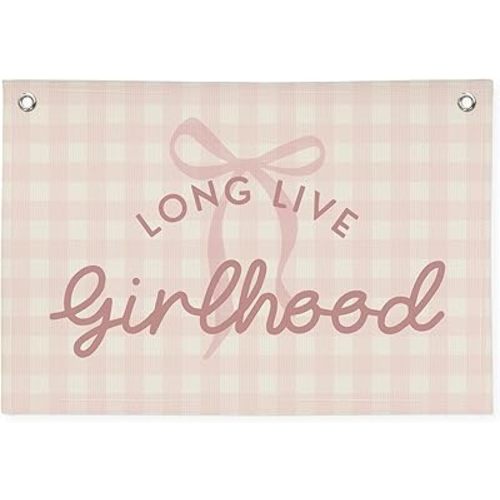 Pink Cute Room Decor Long Live Girlhood Banner, Coquette Bow Girls Room Decor for Nursery Playroom Wall Hanging Linen Flag,Baby Girls Bedroom Decorations,Baby Showers Newborn Gift 30x20 girlroom