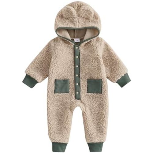 SAYOO Newborn Baby Fluffy Jumpsuit Contrast Color Botton Down Snowsuit Outwear Fleece Baby Bunting Bodysuit Hooded Romper
