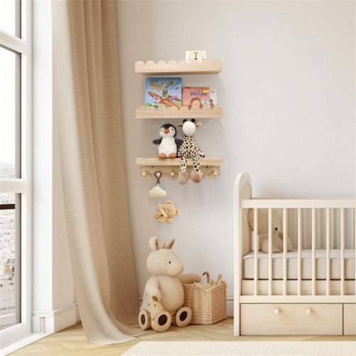 Harriet Bee Wall-Mounted Nursery Bookshelves with Hooks – Set of 3 Kids Bedroom Storage Rack & 16-Inch Bookcase for Room Decor | Wayfair