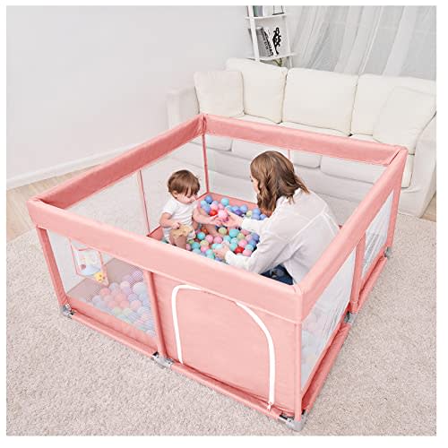 PandaEar Large Playpen for Toddlers, Sturdy Baby Play Yards with Soft Breathable Mesh, Indoor & Outdoor Kids Activity for Infant Safety (50"50") (Pink)