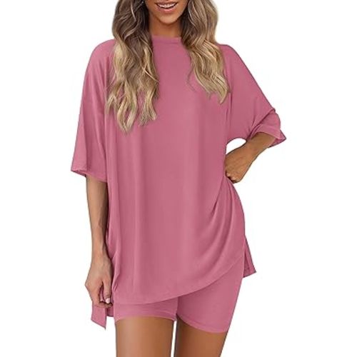 PRETTYGARDEN Women's Two Piece Lounge Set 2025 Summer Casual Oversized Shirts Biker Shorts Matching Airport Travel Outfit