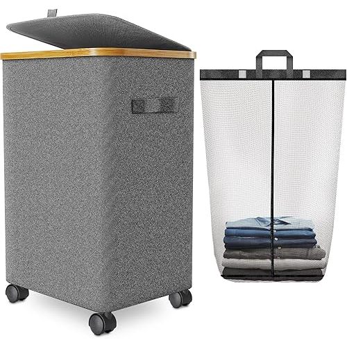 Laundry Hamper with Wheels,20 Gal (75L) Laundry Basket with lid Rolling Clothes Hamper Foldable Dirty Clothes Basket on wheels with Bamboo Frame and Bag for Bedroom, Dorm, Laundry Room-Grey