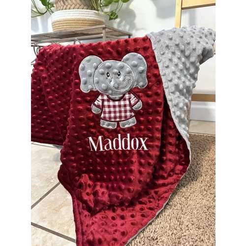 Personalized Elephant Baby Blanket | Crimson & Gray Minky | Handmade Baby Gift | Baby Bedding | Newborn Blanket