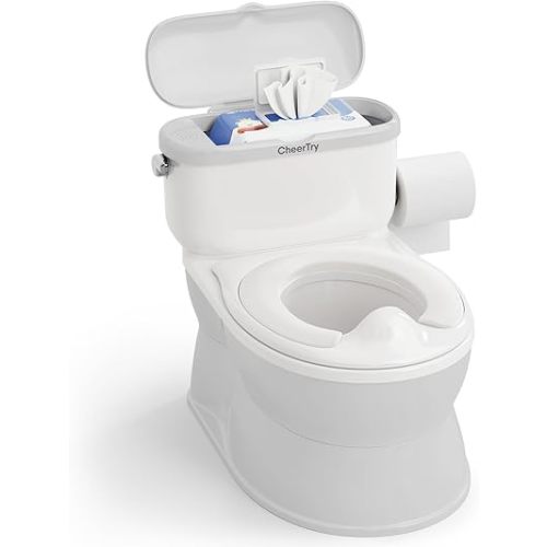2-in-1 Toddler Potty Training Toilet - with Detachable Training Seat, Realistic Flushing Sound for Boys & Girls Ages 1-3 with Wipes Storage, Toilet Paper Holder