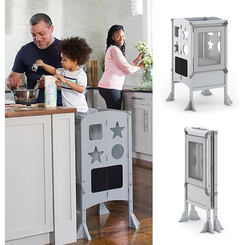 Guidecraft Classic Kitchen Helper® Toddler Tower - Gray: Folding, Adjustable Height, Learning Step Stool for Kids, W/Chalkboard | Montessori Collapsible Safety Non-Slip Platform