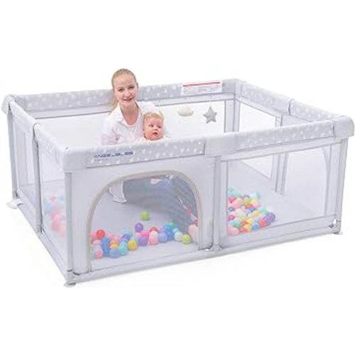 ANGELBLISS Baby Playpen, Large Baby Playard, Play Pens for Babies and Toddlers with Gate, Indoor & Outdoor Play Area for Infants, Kids Safety Play Yard with Star Print (Grey, 63"×47")