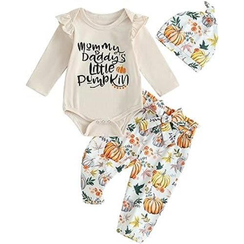 Newborn Baby Girl Halloween Clothes Long Sleeve Romper Tops Pumpkin Bell-Bottom Pants Headband Infant Fall Outfits
