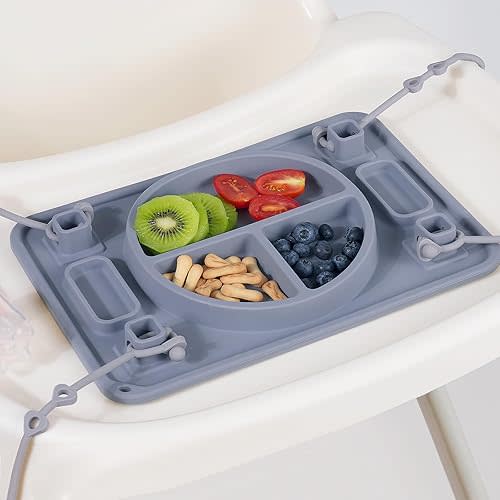 Silicone Placemats with 4 Straps, Starturflyu Platinum Food Grade Silicone Baby Placemat for Kids, 11.5 x 8 inches Strong Suction Plates for Baby Toddlers, Self-Feeding Dishwasher Safe (Gray)