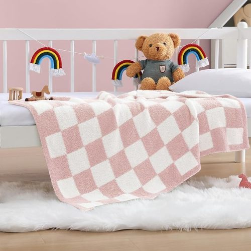 Checkered Throw Blanket, Pink Microfiber Soft Cozy Fluffy Warm Hand Made Throw Blankets for Couch, Sofa, Chair, Bed, Camping, Picnic, Travel Lightweight Bed Blanket - 30"*40"