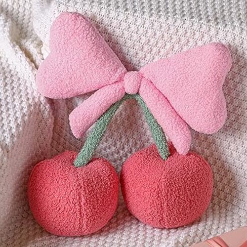 Small Bow Cherry Throw Pillow Wool Cute Coquette Room Decor Decorative Throw Pillows Aesthetic Room Decor Bowknot Shaped Plush Cushions for Bedroom Sofa Couch(Burgundy)