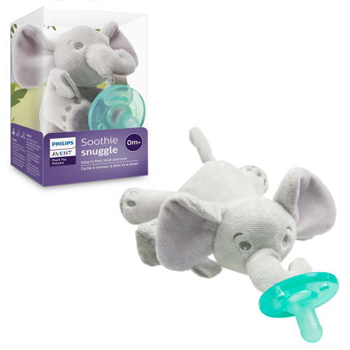 Philips Avent Soothie Snuggle Pacifier Holder with Detachable Pacifier, Elephant, 0M+, SCF347/03