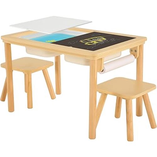 Multifunctional Sensory Table with 2 Chairs & Paper Roll, Wooden Sand and Water Activity Table with Double-Sided Board & Foldable Storage Bins for Kids' Indoor and Outdoor Play