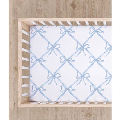 Crib Sheet Blue and White Ribbon Baby Bedding, Blue & White Bow, Chinoiserie Fitted Crib Sheet, Preppy Baby Grandmillenial Nursery, Mini