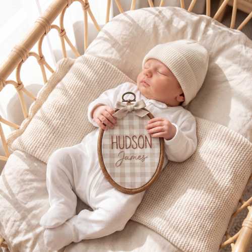 Custom Baby Name Announcement Hoop, Neutral Gingham Nursery Decor, Embroidered Newborn Photo Prop, Heirloom Baby Keepsake