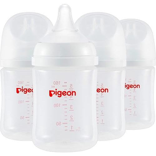 Pigeon PP Nursing Bottle Wide Neck, Anti-Colic, Streamlined Body, Natural Feel, Easy to Clean, 5.4 Oz (Pack of 4), Includes 4pcs SS Nipples (0m+)