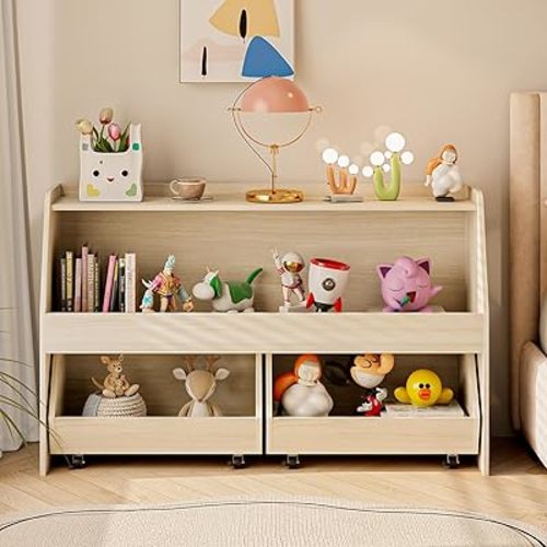 Toy Storage Organizer, Kids Bookshelf and Toy Storage with 2 Drawer Bins, Baby Toy Organizer Toddler Bookshelf for Living Room, Kid's Room, Playroom, Nursery (2T02-Wood)