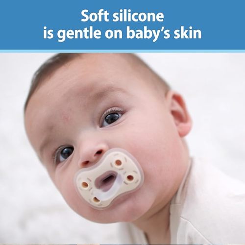 Dr. Brown's Advantage One-Piece Silicone Baby Pacifier, Fully Symmetrical Soother, Ecru/Gray/Green, 0-6m, BPA Free, 3 Pack