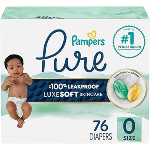 Pampers Pure Protection Baby Diapers, Size 0 (>10 lbs) Count, 76, Up to 100% Leakproof, Premium Plant-Based Skin Protection, Hypoallergenic Soft Diapers