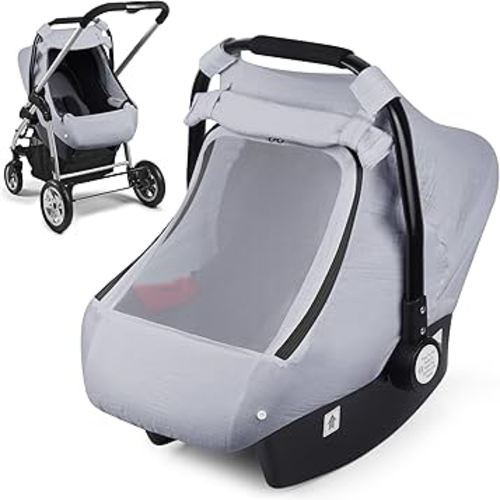 Muslin Car Seat Cover for Babies, Elstey Infant Carseat Canopy with Breathable Peep Window, Kick-Proof Baby Car Seat Covers for Boys Girls, Lightweight Newborn Carrier Cover Fit Summer