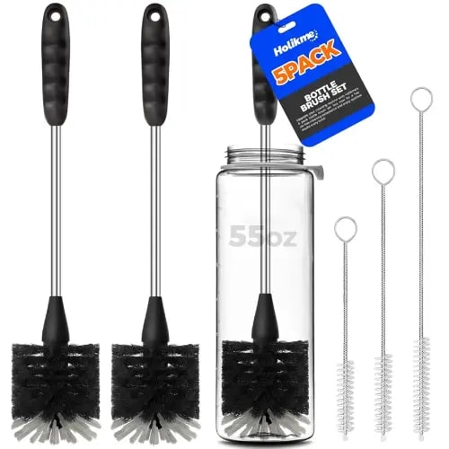 Holikme 5-Piece Bottle Brush Cleaner Set - 14" Stainless Steel Handle, 3 Straw Brushes, Cleans Water Bottles, Cups, Baby Bottles, Black & Grey