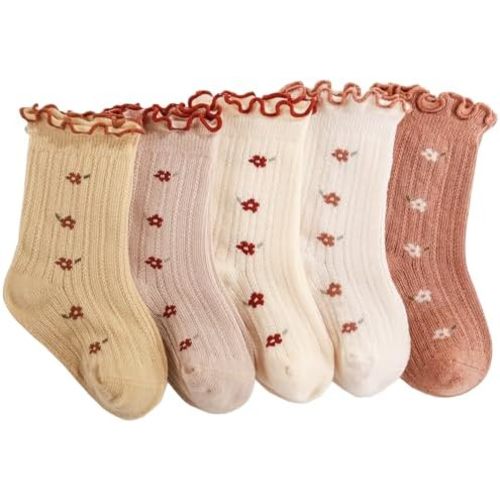 Baby Girls Toddler Socks Organic Cotton Socks Floral Pattern with Non-Skid Gripper for Fall Spring and Summer