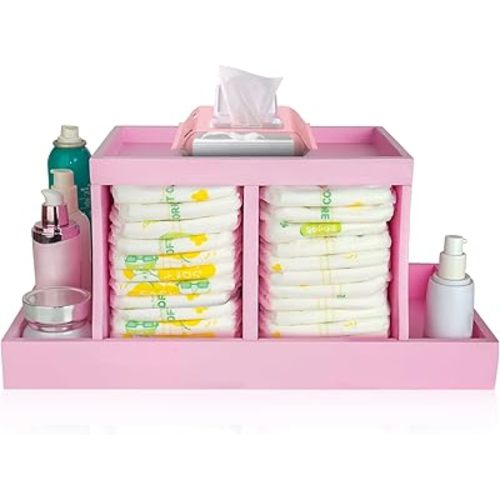 Diaper Caddy Organizer, Changing Table Organizer, Wooden Diaper Organizer for Nursery, Baby Diaper Storage Organizer with Removable Dividers (Pink, Rectangular Size)