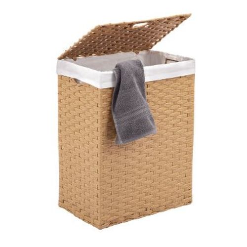 Seville Classics Modern Handwoven Lidded Rectangle Laundry Room Hamper with Liner, Tan