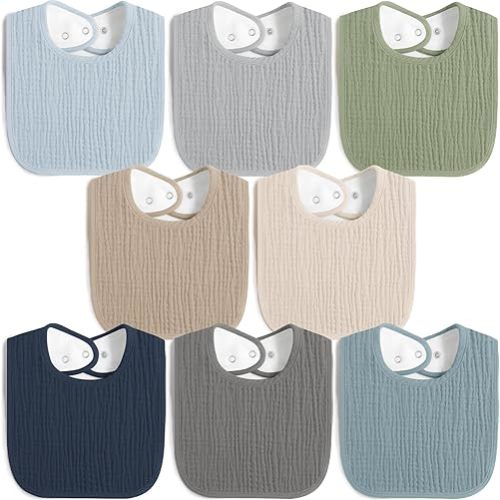 8 Pack Muslin 100% Cotton Baby Bibs for Unisex, Soft and Absorbent Gender Neutral Set for Feeding and Drooling