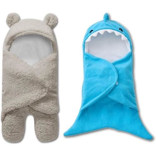 BlueMello Bear Swaddle Blanket & Shark Swaddle Blanket Bundle | Ultra-Soft Plush Essential for Infants 0-6 Months | Ideal Newborn Registry and Toddler Boy Accessories| Perfect Baby Girl Shower Gift