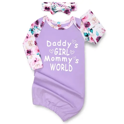 Newborn Baby Girl Gown 0-6 Months, Super Soft Newborn Sleepers Gown, Long Sleeve Infant Nightgown for Girls Boys, Baby Girl Outfit Essential with Headband Set Purple