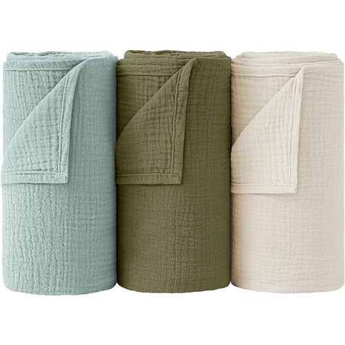 Bearmoss Muslin Swaddle Blankets, 40 x 38 inches Baby Swaddle for Boys and Girls, Soft Baby Blanket, 3 Pack Breathable Nursery Receiving Blankets (Grey Green)