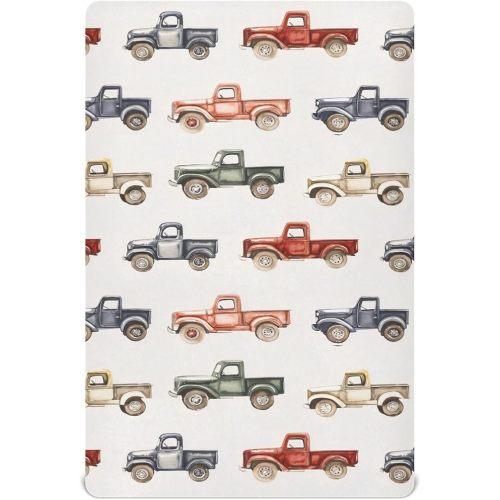 Crib Sheets for Boys girlVintage Trucks Jeeps mini Nursery Sheets,Breathable Baby Cribs Sheet,Soft Toddler Mattress Fitted,Neutral Baby Sheet for Crib 52 * 28 * 9In