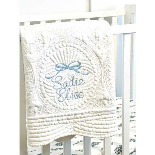 Personalized White Baby Quilt, Embroidered Name and Bow, Heirloom Blanket