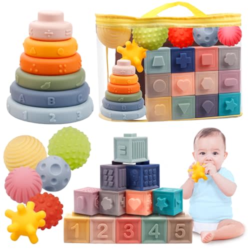 Plunack Montessori Toys for Babies 6-12 Months Soft Baby Toys Set 3 in 1 Stacking Building Blocks Infant Teething Toys Sensory Balls Educational Learning Toys for Toddlers 3-6-9-12 Months Boys Girls