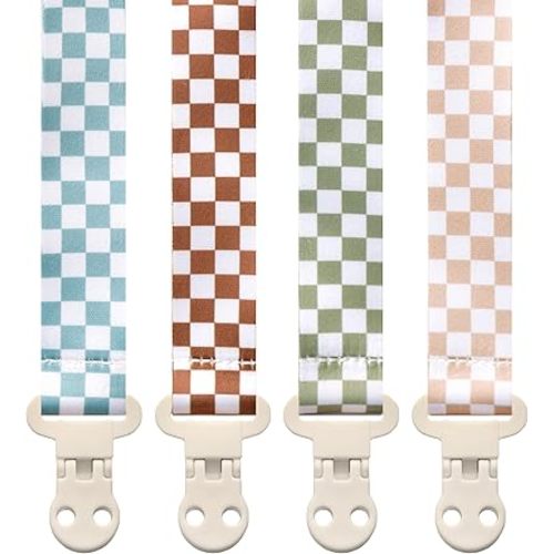 Baby Pacifier Clip Holder - Girl or Boy Unisex 4 Pack Gift Set – Neutral Modern Retro Checker Green Blue Brown Beige