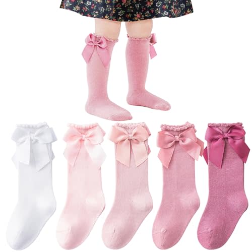 Mini Angel Baby Knee High Socks - Toddler Long Cotton Tube Stockings With Bow Ruffles for Girls - Infant Dress Socks