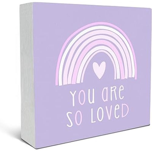 SRADMO You Are So Loved Rainbow Heart Wood Box Sign Desk Decor, Purple Kids Inspirational Quotes Wooden Block Box Sign Decoration for Kids Room Nursery Playroom Shelf Table Decorative Accessories