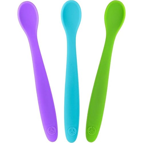 WeeSprout Silicone Baby Spoons - First Stage Infant Feeding Utensils With Soft-Tip, Bendable Kitchenware for Parent & Self-Feeding, Ultra-Durable, Dishwasher Safe, Travel Case, Set of 3