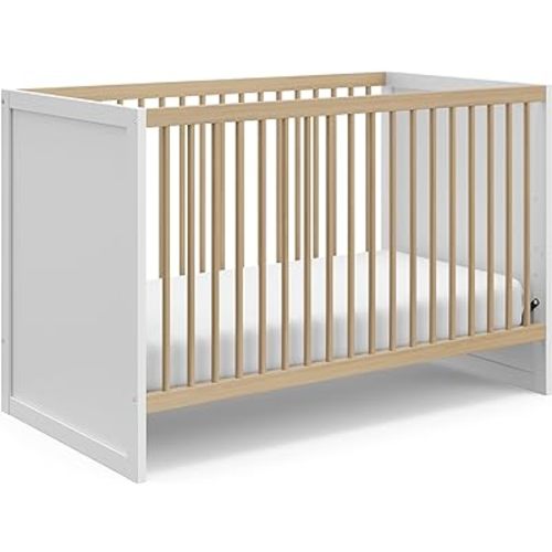 Storkcraft Calabasas 3-in-1 Convertible Crib (White with Driftwood) – GREENGUARD Gold Certified, Fits Standard Crib Mattress, Converts to Toddler Bed, Modern Style, Easy 30-Minute Assembly